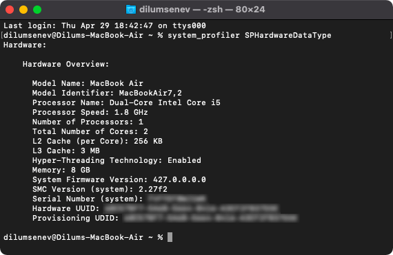 المحطة الطرفية باستخدام أمر SPHardwareDataType