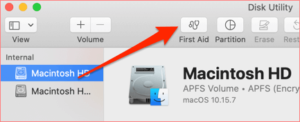 زر الإسعافات الأولية في Disk Utility 