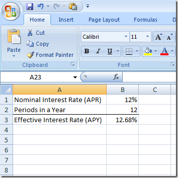 وظيفة EFFECT في Excel لحساب APY