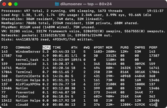 نافذة طرفية بأوامر top وps -ax