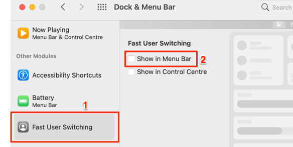   تفضيلات النظام > Dock & Menu Bar > التبديل السريع بين المستخدمين وتحقق من العرض في شريط القوائم” class=”wp-image-12894″  ></figure>
</div>
<h2 class=