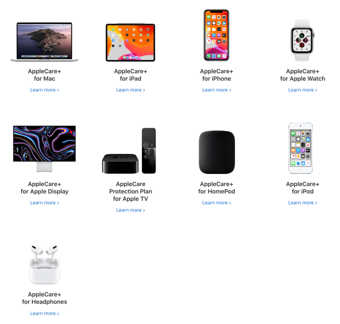 نافذة منتجات AppleCare+ 