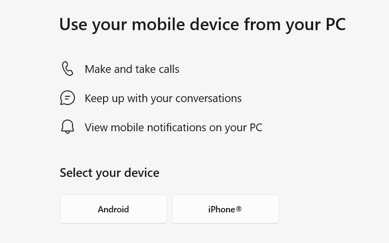 اختيار جهاز محمول في تطبيق Phone Link على نظام التشغيل Windows.