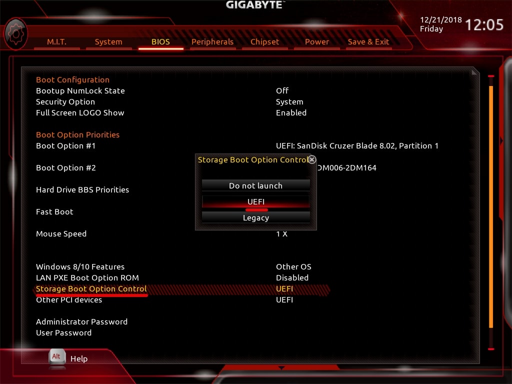 Change Storage Boot option to UEFI