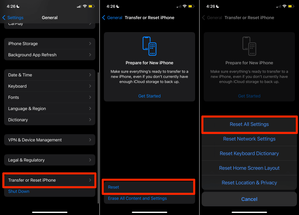 الإعدادات > عام > نقل أو إعادة تعيين iPhone > إعادة تعيين ثم انقر فوق إعادة تعيين كافة الإعدادات” class=”wp-image-15866″  ></figure>
</div>
<p>عندما يعود هاتفك للعمل، قم بتمكين البيانات الخلوية وتحقق مما إذا كان بإمكانك الوصول إلى الإنترنت.</p>
<h2 class=