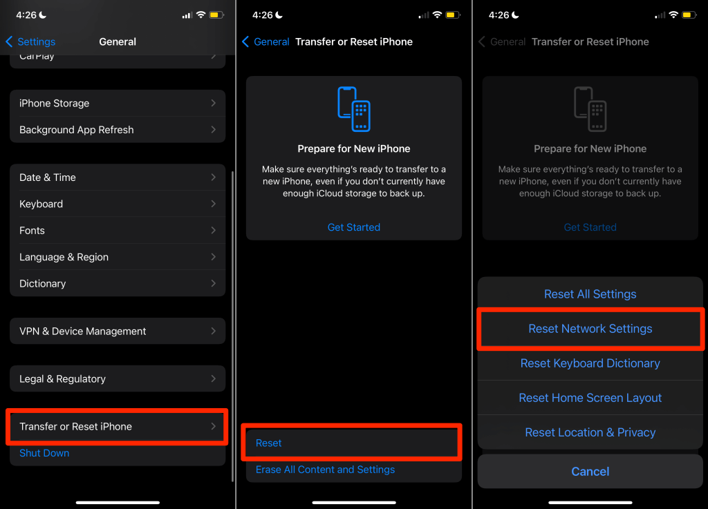 الإعدادات > عام > نقل أو إعادة تعيين iPhone > إعادة تعيين وحدد إعادة ضبط إعدادات الشبكة” class=”wp-image-15865″  ></figure>
</div>
<p>انتظر حتى تكتمل عملية إعادة تعيين الشبكة وتحقق مما إذا كانت البيانات الخلوية تعمل الآن عند عودة جهاز iPhone الخاص بك.</p>
<h2 class=