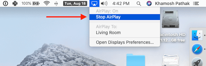 إيقاف AirPlay في القائمة 