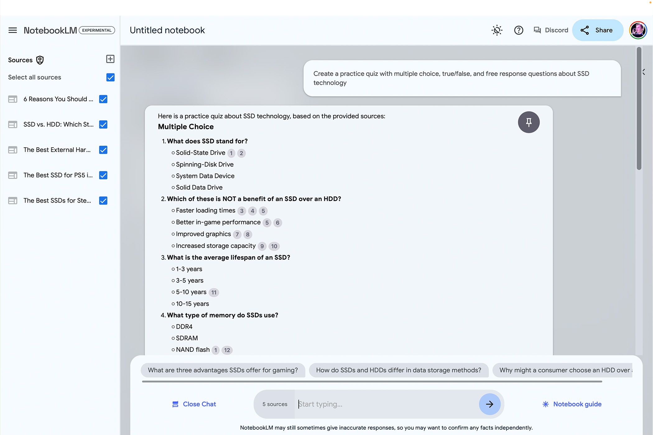 NotebookLM يقوم بإنشاء اختبار تدريبي بناءً على موجه