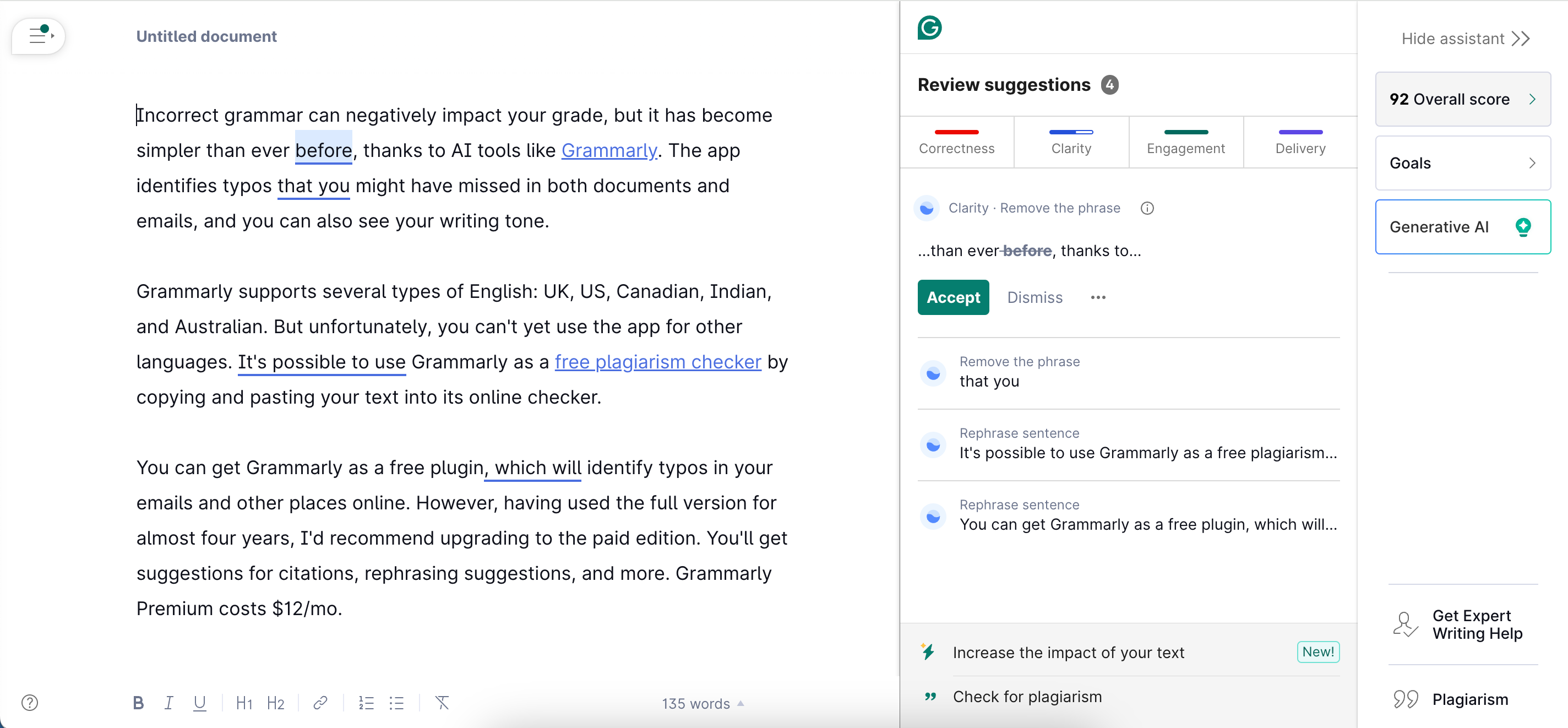 واجهة تطبيق Grammarly مع أقسام مختلفة مفتوحة 