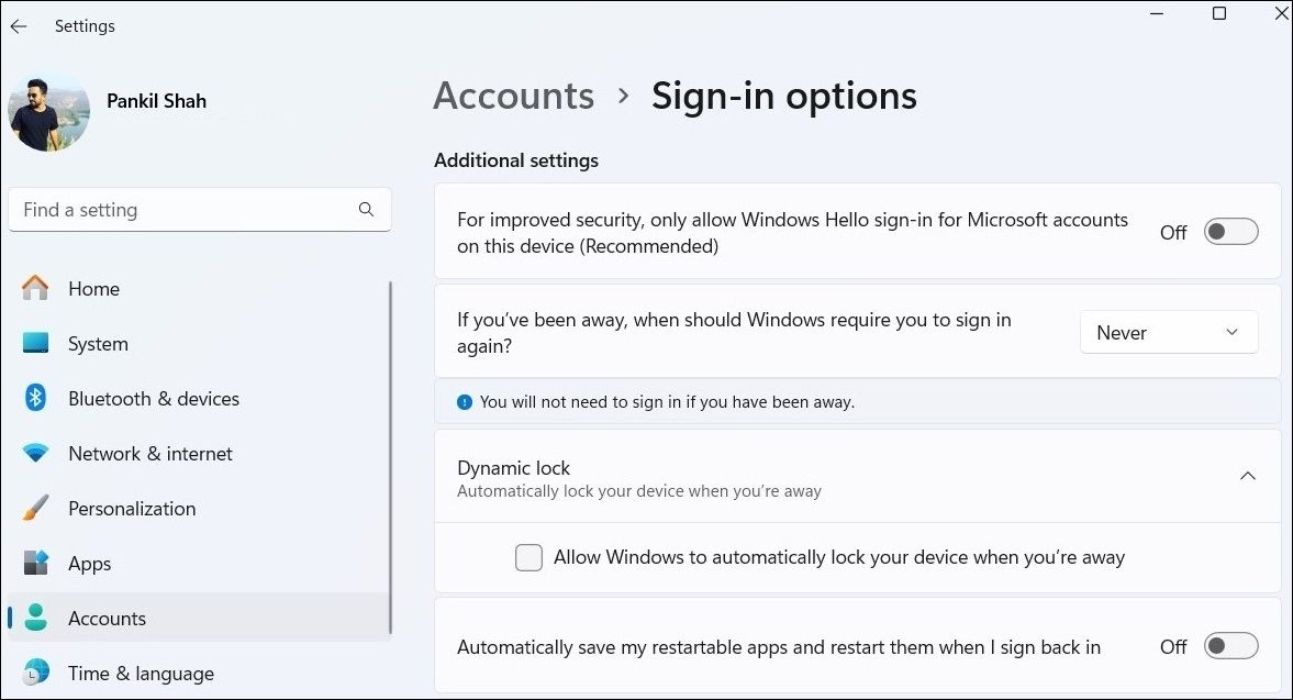 خيارات تسجيل الدخول في تطبيق الإعدادات في نظام التشغيل Windows 11