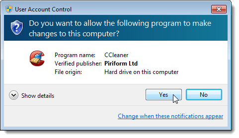 مربع حوار UAC لبرنامج CCleaner