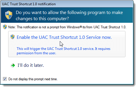 تمكين خدمة UAC Trust Shortcut