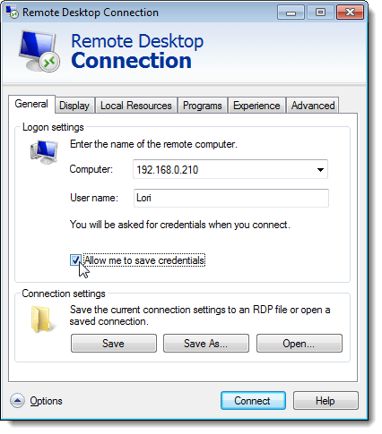 اسمح لي بحفظ خيار بيانات الاعتماد في مربع حوار الاتصال بسطح المكتب البعيد