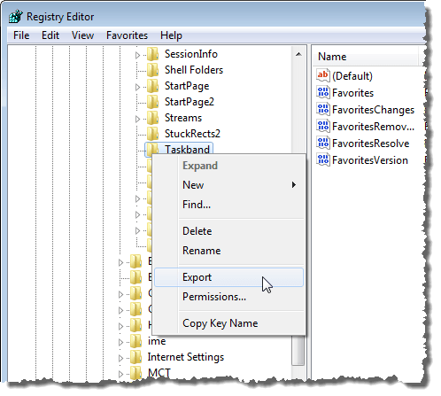 تصدير مفتاح التسجيل Taskband