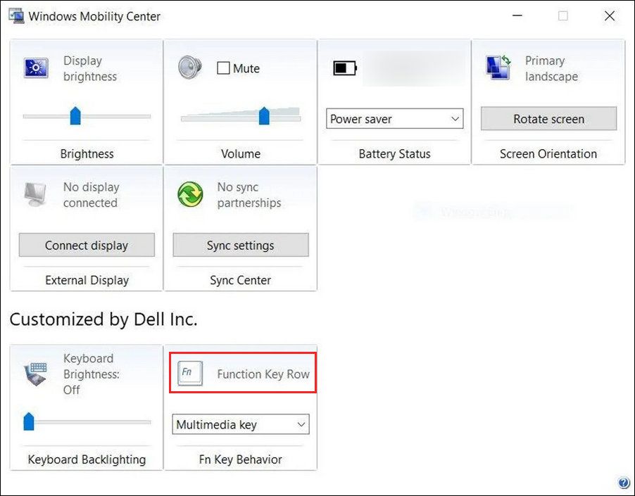 قسم صف المفاتيح الوظيفية في Windows Mobility Center