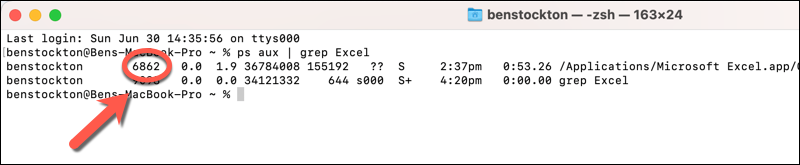 تحديد رقم معرف العملية لبرنامج Excel على جهاز Mac