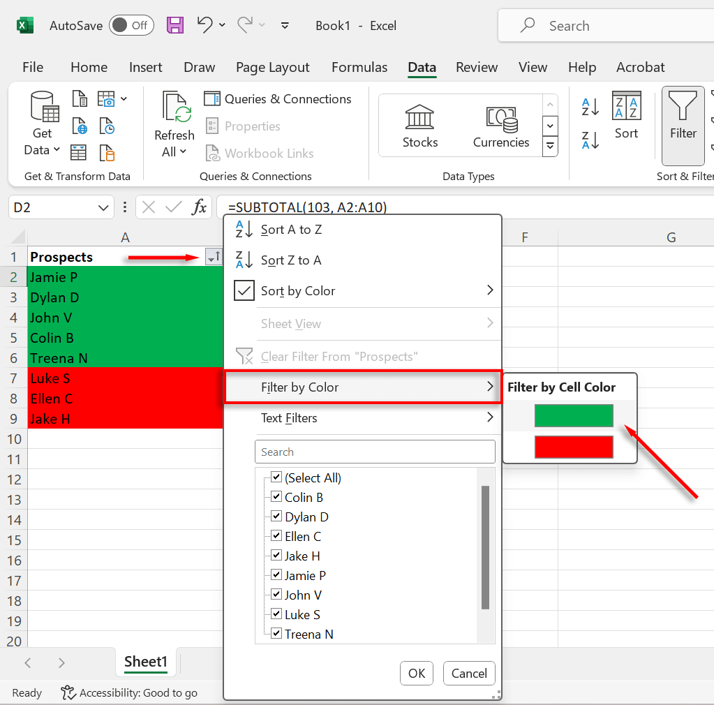 Sélectionnez le menu déroulant du filtre, choisissez Filtrer par couleur, puis sélectionnez la couleur