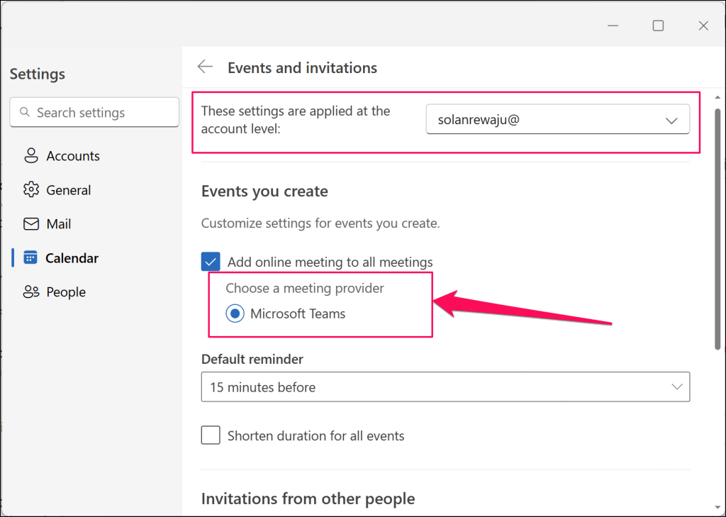 Cochez Ajouter des réunions en ligne à toutes les réunions et choisissez Microsoft Teams