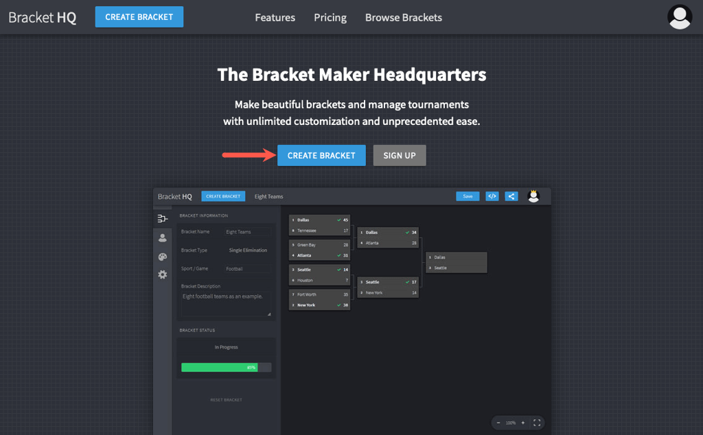 Page principale de Bracket HQ avec le bouton Créer un support - 7-générateurs-de-support-de-tournoi-gratuits-et-modèles-7-compressés