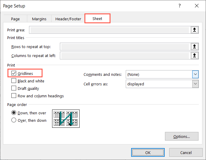 Case à cocher Quadrillage dans la zone Mise en page sous Windows