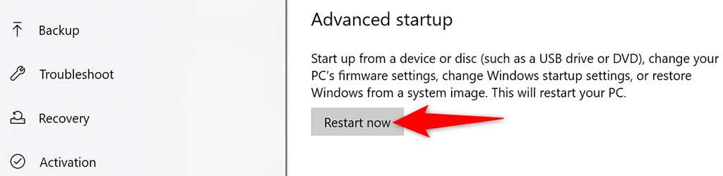 Option de démarrage avancé « Redémarrer maintenant » dans Windows 10