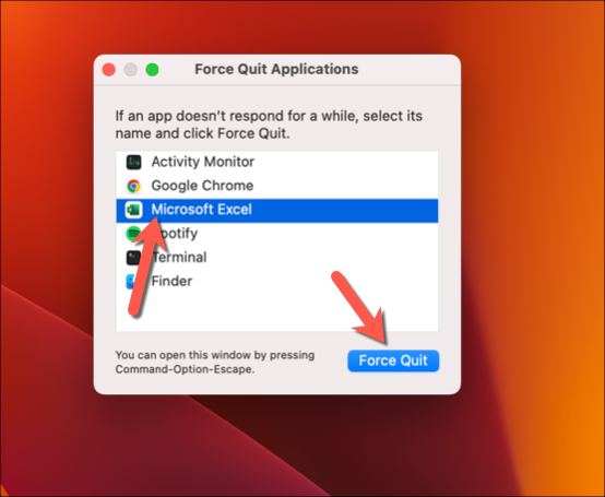 لقطة شاشة لنافذة فرض إنهاء التطبيقات، مع تحديد Microsoft Excel.