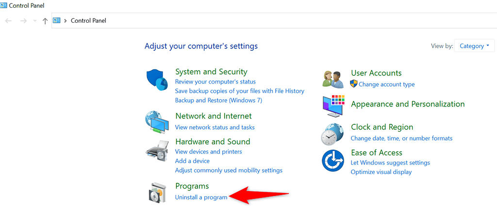 Option « Désinstaller un programme » dans le Panneau de configuration de Windows