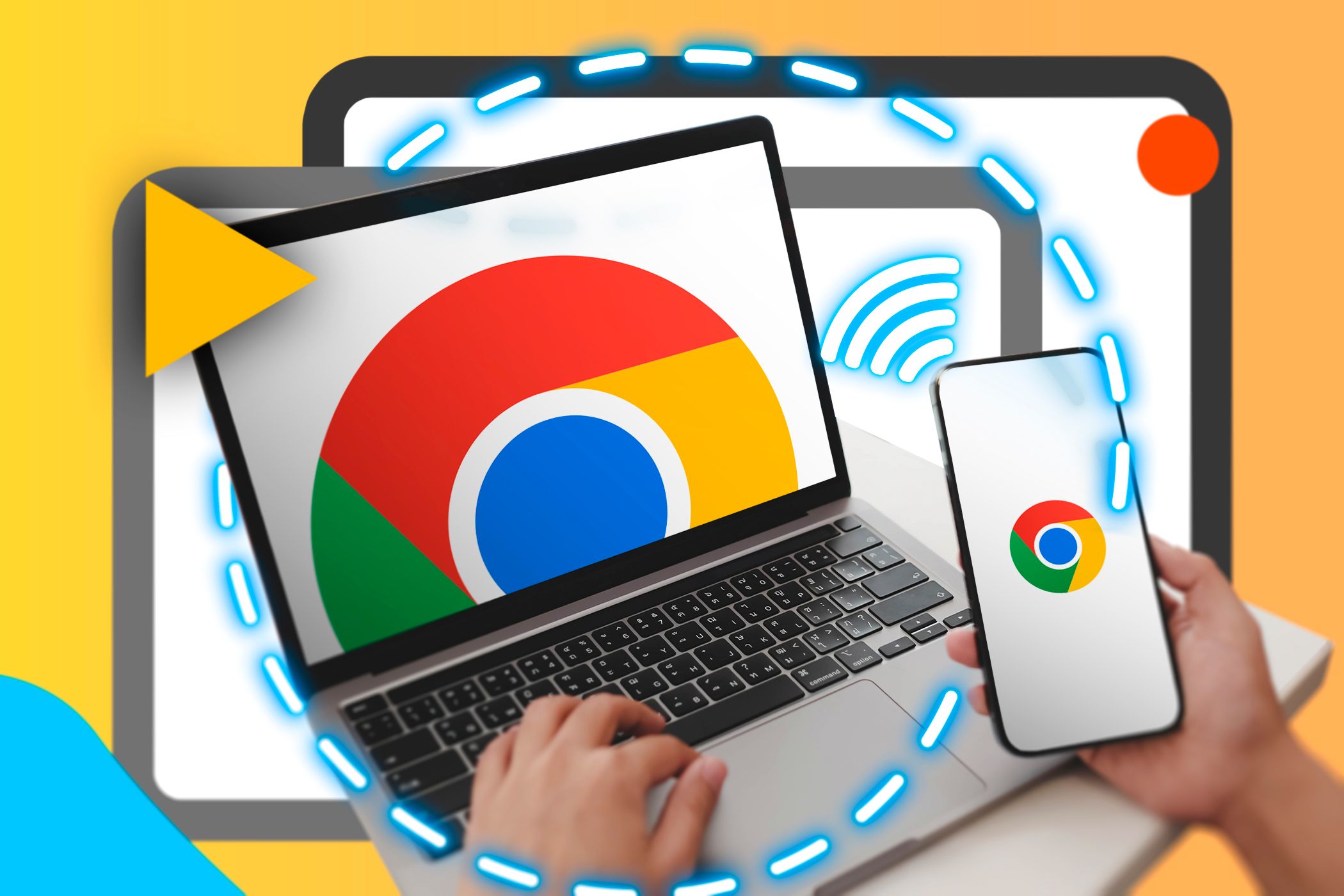 يد تحمل هاتفًا ذكيًا وبجانبه جهاز كمبيوتر محمول، وكلاهما يحمل شعار Google Chrome وإشارة تمثل الاتصال بينهما.