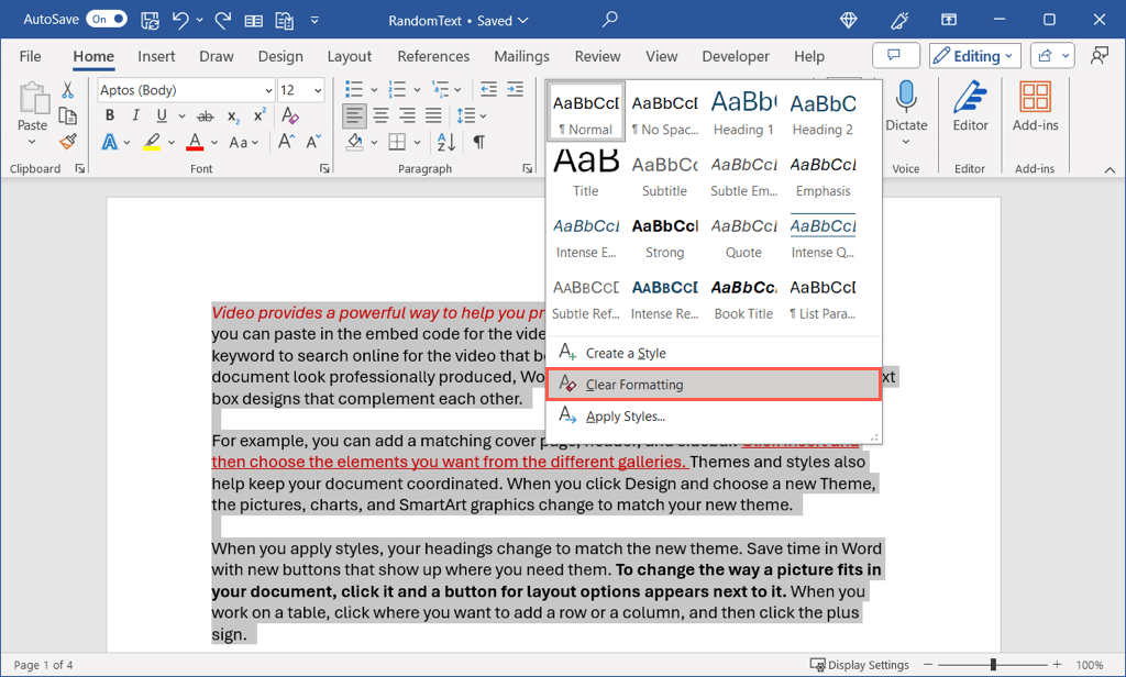 كيفية مسح التنسيق في صورة Microsoft Word 5