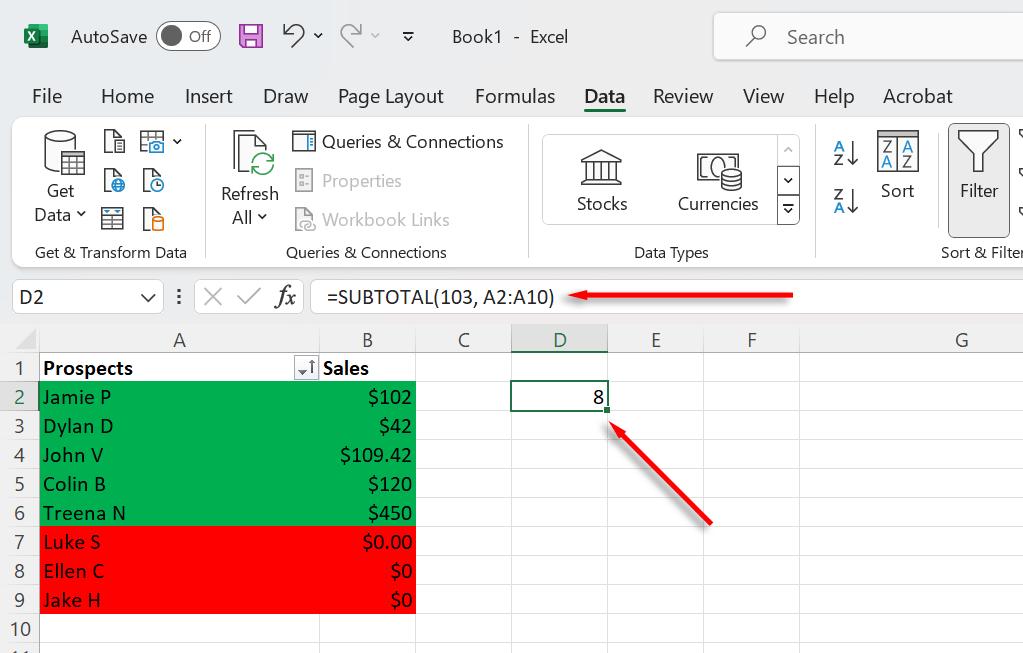 اكتب "=SUBTOTAL(103, A2:A10)"، مع استبدال كل حقل بالبيانات ذات الصلة بالورقة الخاصة بك