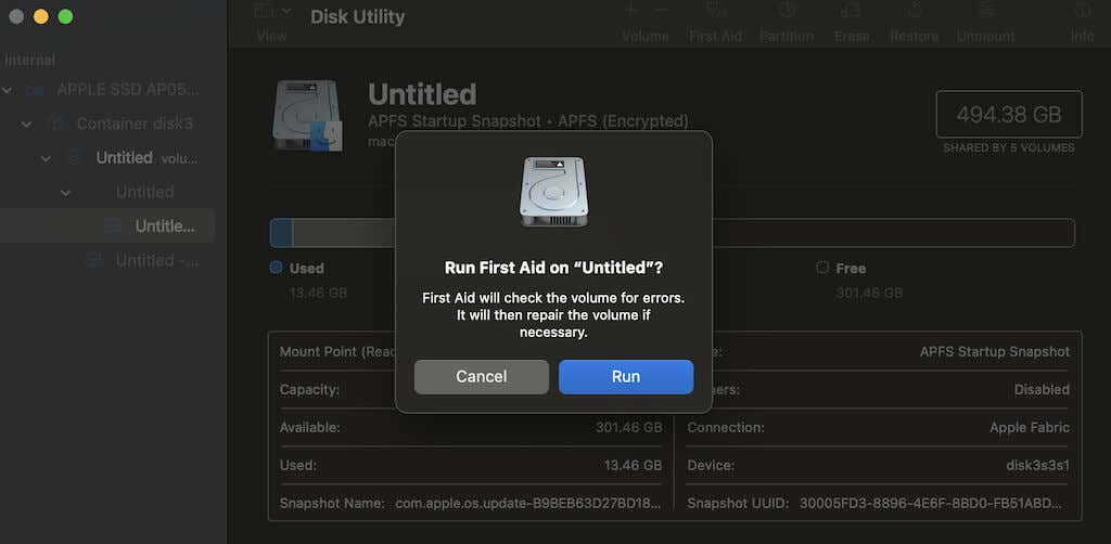 لقطة شاشة لتشغيل الإسعافات الأولية في Disk Utility على نظام Mac