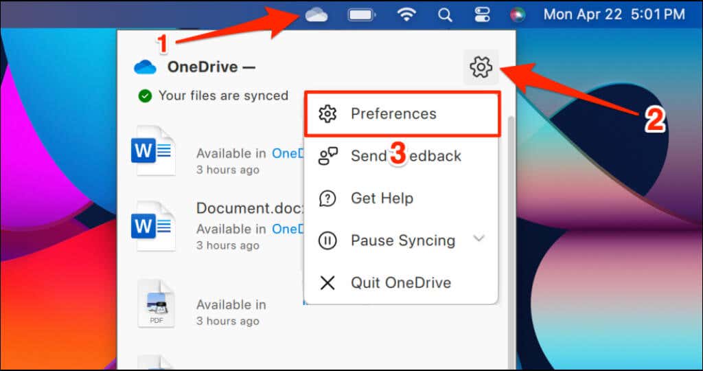 خطوات الوصول إلى قائمة إعدادات OneDrive على نظام Mac