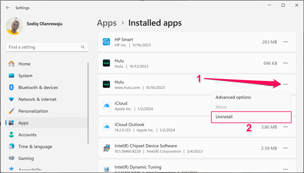 Option "Désinstaller" mise en évidence dans le menu des paramètres de l'application Windows