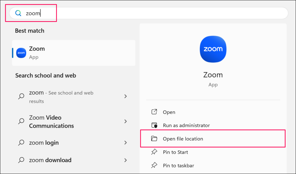 Mise en surbrillance « Ouvrir l'emplacement du fichier » dans le menu Démarrer de Windows pour l'application Zoom 