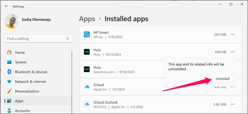 Bouton "Désinstaller" mis en évidence dans le menu des paramètres de l'application Windows