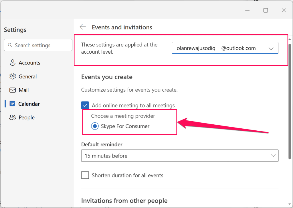 لقطة شاشة للتقويم في Outlook