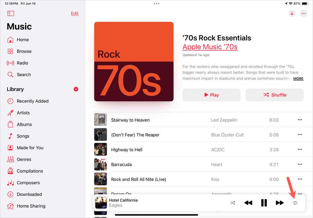 زر التكرار في Apple Music على الـ iPad