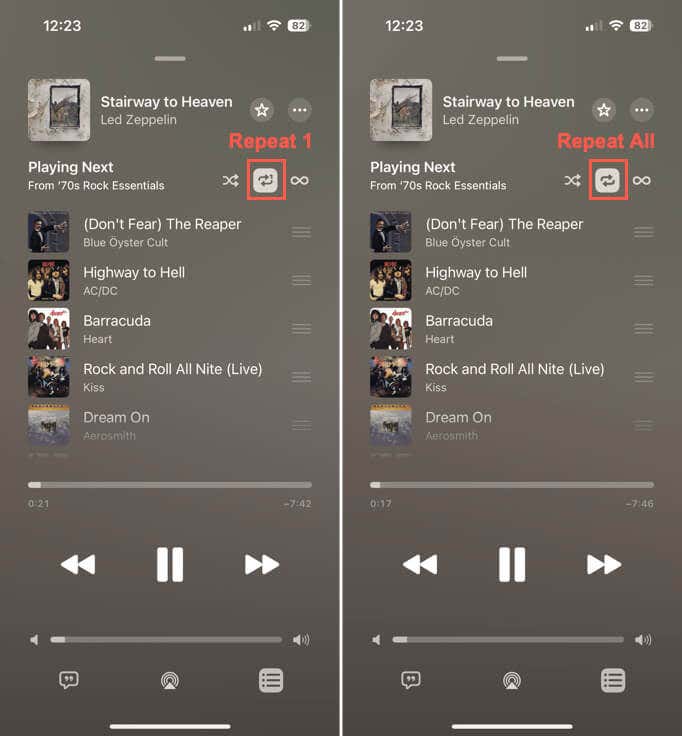 كرر 1 وكرر الكل في Apple Music على iPhone