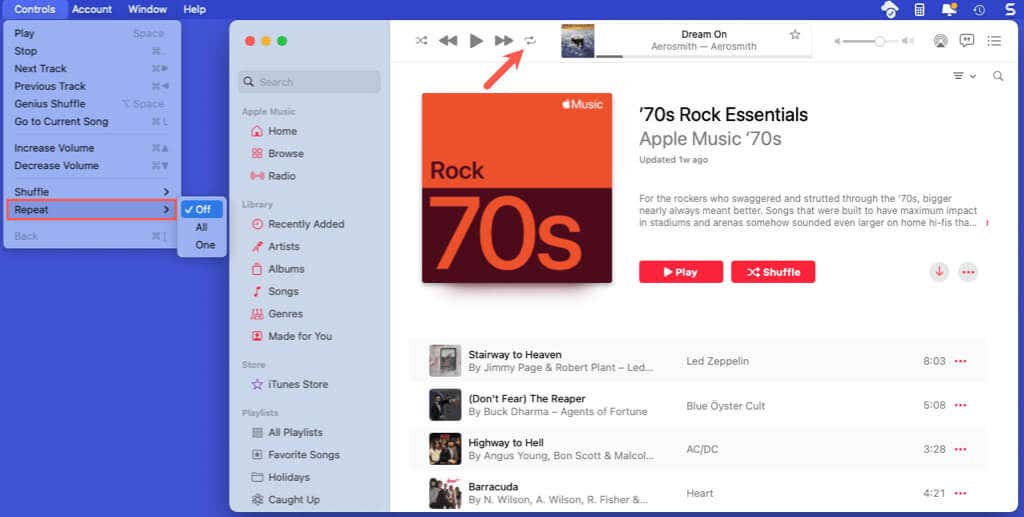 كرر واحدًا في Apple Music على Mac