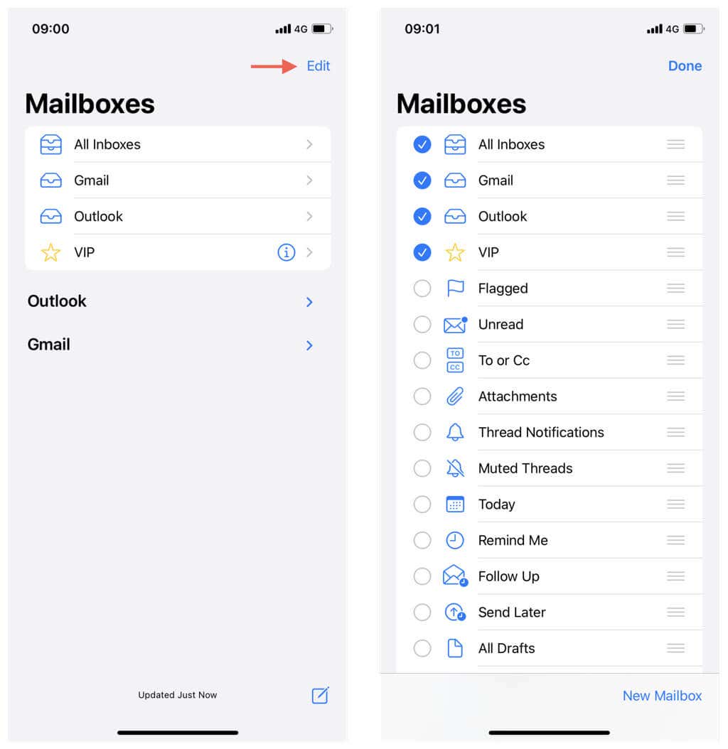 تحرير صناديق البريد في Mail for iOS.