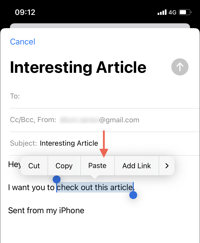 إنشاء ارتباط تشعبي في Mail لنظام iOS.