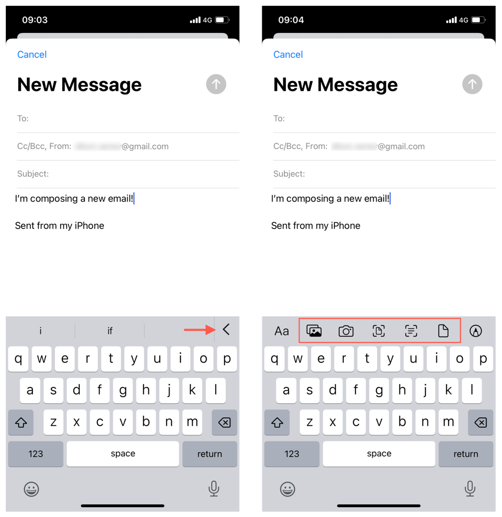 تم تمييز جميع خيارات المرفقات في تطبيق Mail لنظام التشغيل iOS.