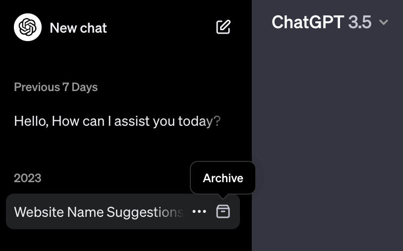لقطة شاشة لخيار أرشيف ChatGPT - كيفية استخدام وضع chatgpt الخاص لإخفاء دردشاتك 7 مضغوطة