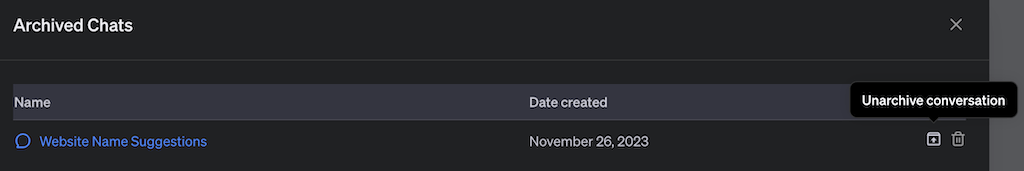 لقطة شاشة للدردشة المؤرشفة ChatGPT - خيار إلغاء أرشفة المحادثة - كيفية الاستخدام - وضع الدردشة الخاصة - لإخفاء دردشاتك - 9 - مضغوط