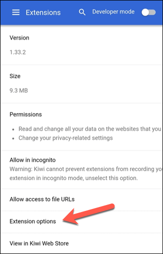 تثبيت أو إزالة ملحقات Chrome في متصفح Kiwi الصورة 9 - 13-Kiwi-Extension-Settings