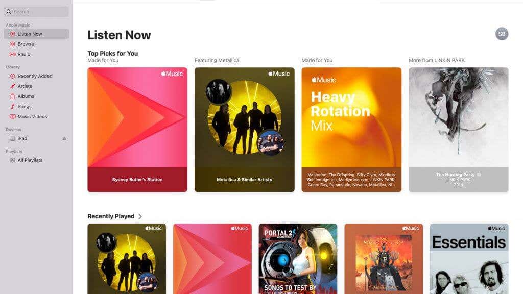 الصفحة الرئيسية لتطبيق Apple Music Mac.