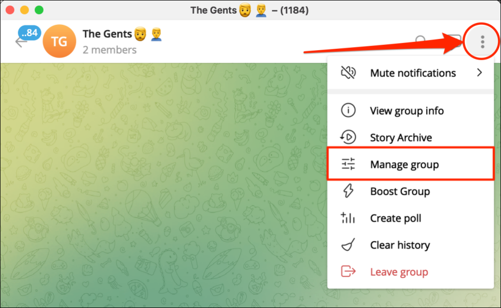 خطوات إلغاء رابط المجموعة في تطبيق Telegram لسطح المكتب لنظام التشغيل Mac - صورة