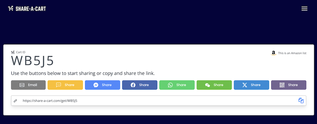 لقطة شاشة لملحق Share-A-Cart مع خيارات المشاركة لعربة Amazon - how-to-share-your-amazon-cart-8-compressed