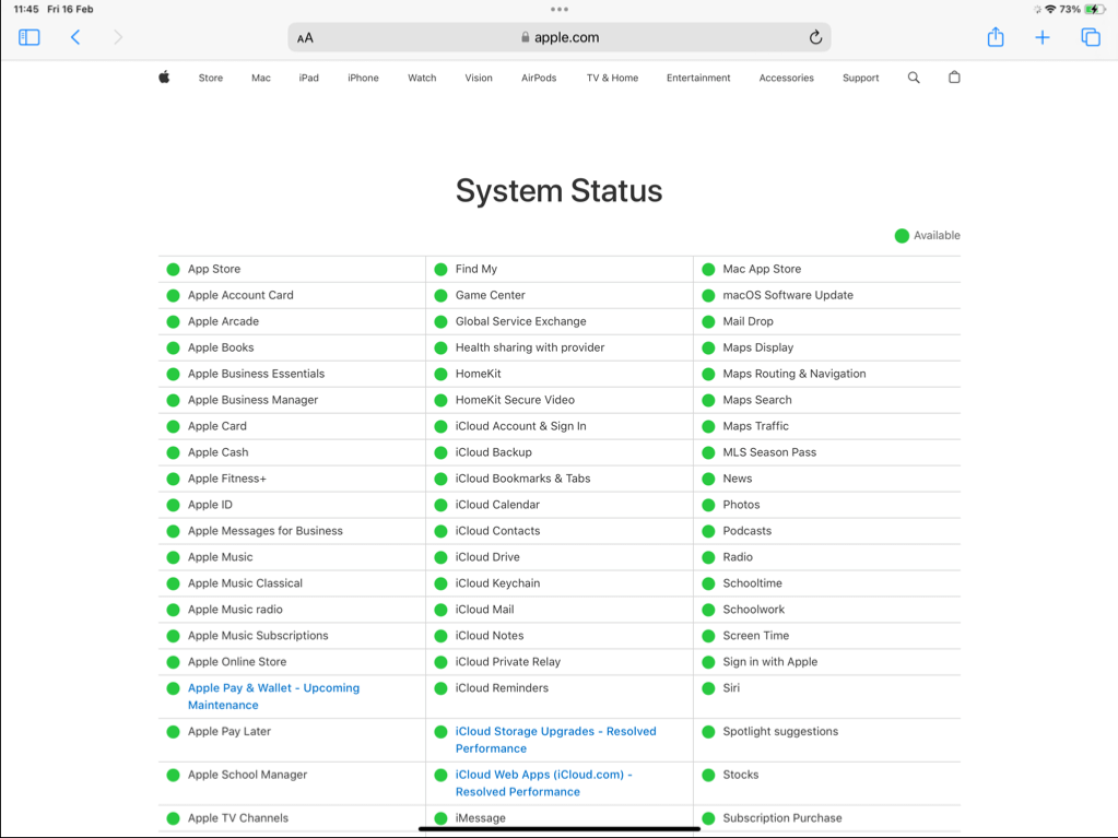 صفحة ويب حالة نظام Apple في Safari لأجهزة iPad.