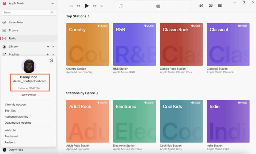 لقطة شاشة لرصيد حساب Apple في Apple Music Windows